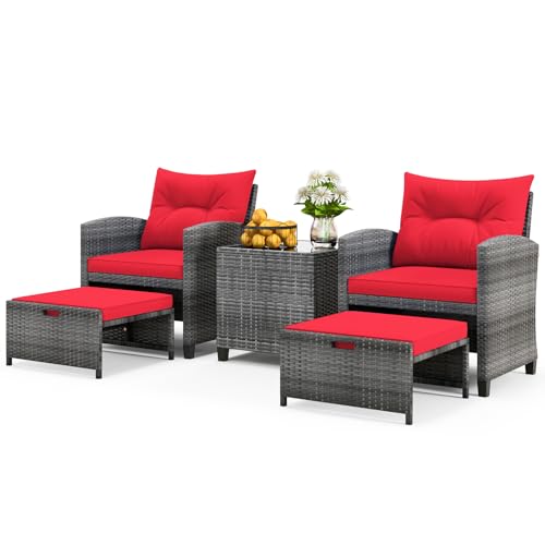 ORALNER 5 Pieces Patio Furniture Set with Ottoman, Wicker Conversation Set w/Cushions, Glass Coffee Table, Outdoor Lounger Rattan Chairs Bistro Set for Porch Balcony Garden Deck Poolside (Red)