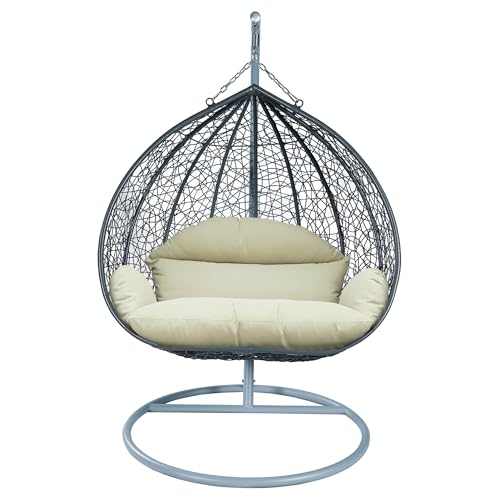 LeisureMod Hanging Egg Chair with Stand for Indoor Outdoor Wicker Patio Swing Chair Open Weave Basket Design with Cushion Metal Frame for Patio Garden Balcony (Grey Frame Taupe Cushion)
