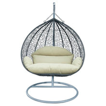 LeisureMod Hanging Egg Chair with Stand for Indoor Outdoor Wicker Patio Swing Chair Open Weave Basket Design with Cushion Metal Frame for Patio Garden Balcony (Grey Frame Taupe Cushion)