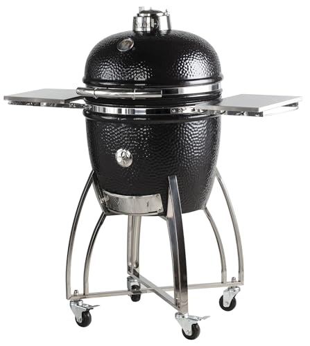 Saffire Platinum Kamado – Large Ceramic Grill and Smoker, 19" Charcoal Grill, 304 Stainless Steel Cart, Smokin’Chip Feeder, Secondary Cooking Grid, Heat Deflector – Onyx Black
