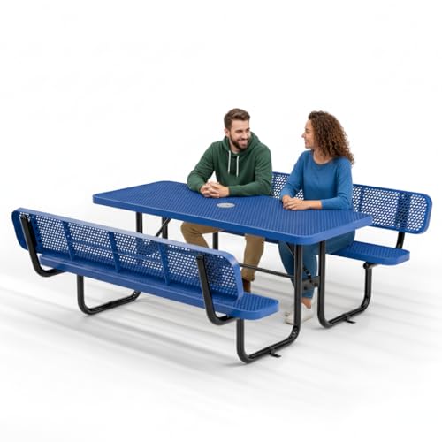 OUTTANS Commercial Metal Picnic Table (Blue, 6' Rectangular with Back)