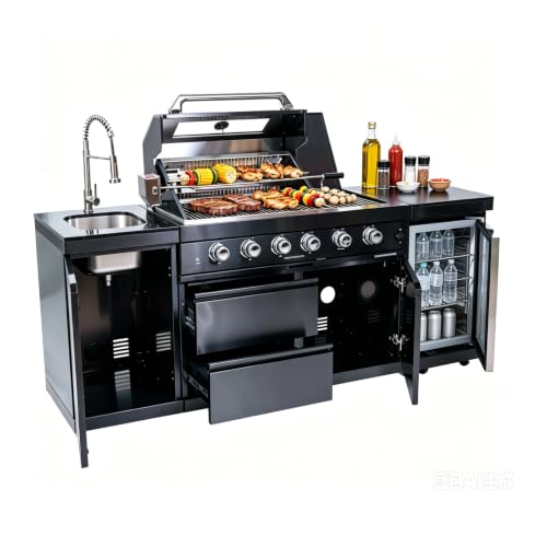 RGWYGCG Outdoor Kitchen Island Grill, 4-Burner Gas Grill with Refrigerator, Water Sink & Rotisserie Kit, Modular Outdoor Kitchen for Backyard Patio
