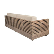 Armen Living Vivid Outdoor Patio Sofa in Light Eucalyptus Wood with Taupe Olefin Cushions
