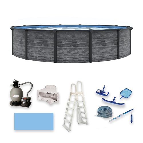 Blue Wave Marbella 15-ft Round 52-in Deep Above Ground Swimming Pool – with Steel Wall & Top Rails, Sand Filter, Overlap Liner, A-Frame Ladder & Maintenance Kit – Complete Outdoor Pool Accessories