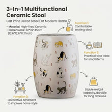 Ceramic Garden Stool Cat Print Indoor Outdoor Side Table Shoe Changing Seat