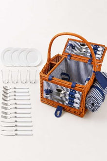 4 Person Handmade Wicker Picnic Basket Set Square Design with 59.1 x 59.1 in water-resistant Blanket - Kahve rengi ve mavi