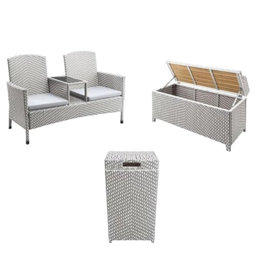 Furniture of America Azur Outdoor Aluminum/Wicker Loveseat, Storage Bench & Trash Can 3PC Set Grey