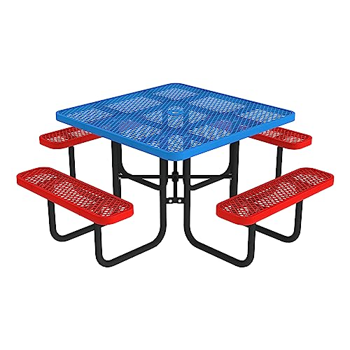 Norwood Commercial Furniture Open Air Series Heavy Duty Portable Square Surface Mount, 46-Inch Outdoor Picnic Table, Blue Top/Red Seat