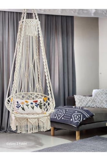 Macrame Swing Hammock Chair Special Weave 23.6 x 31.5 in Cotton Ecru Scandinavian Retro Style for Indoor Outdoor Use Max Load 220 lbs - Ecru Cream