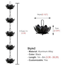 Gutter Rain Chain for Garden Patio Deck, Flower Cups Water Diverter Rain Chain Downspout, White/Black/Copper Colors Rain Chain Chime(Black,8m (26.2ft))