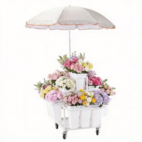 Outdoor Flower Cart Display Stand with 18 Buckets Mobile Plant Display Rack with Wheels and Umbrella for Patio Garden Shop Wedding Party