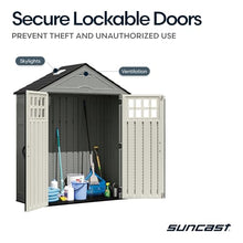 Suncast Everett 6x3 ft Vertical Storage Shed - Resin Outdoor Garden Shed with Floor, Windows, Skylight & Lockable Double Doors. Slim Yard Storage for Utility Tools & Backyard Equipment