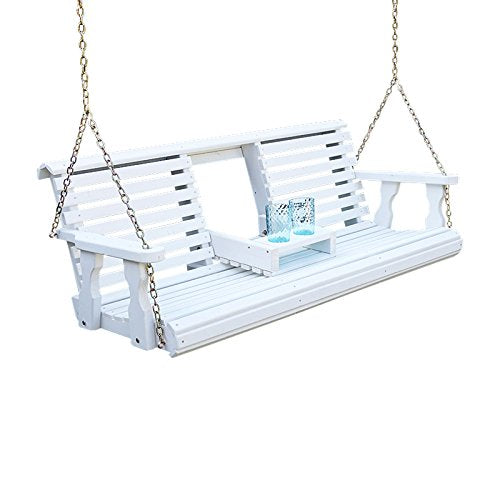 Porchgate Amish Heavy Duty Console Porch Swing with Fold Down Cup Holders in Semi Solid White Stain - Amish Made in The USA from Treated Pine, Hanging Chains Included