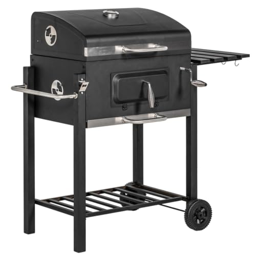 Charcoal Grill with Wheels, Outdoor BBQ Grill with Side Table, Tool Hooks and Bottom Storage Shelf, Heavy Duty Barbecue Smoker Cooking Station for Backyard Camping Party
