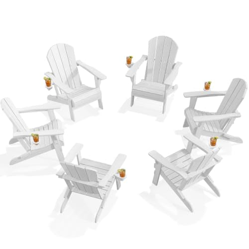 PLUUV Adirondack Chair Set of 6, Fire Pit Chairs with Cup Holder, White