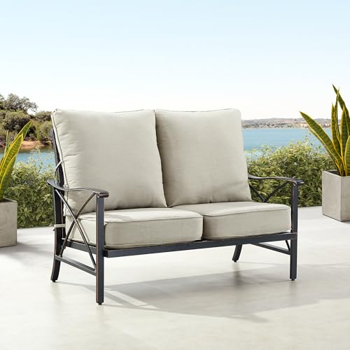 Oakland Living Black Aluminum Patio Deep Seating Outdoor Two Seater Loveseat with Light Grey Cushions