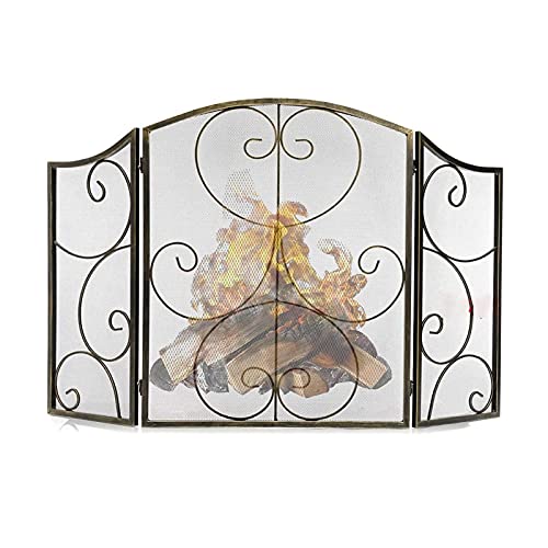 EliteBloom Fireplace Screen Guard, Fire Guard 3 Panel Foldable Iron Fire Panel,Flame Barrier, Wide Metal Mesh Safety Fire Place Guard for Wood and Coal Firing,Brass