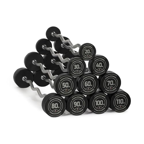 Titan Fitness Rubber EZ Curl Fixed Barbells 20 LB-110 LB for Strength Training & Weightlifting