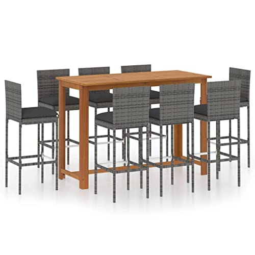 HGFDVCMR 9-Piece Garden Bar Set, Acacia Wood & Rattan, 8 Stools, Gray