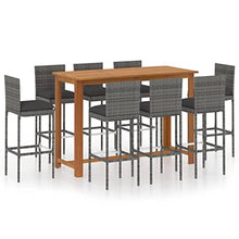 HGFDVCMR 9-Piece Garden Bar Set, Acacia Wood & Rattan, 8 Stools, Gray
