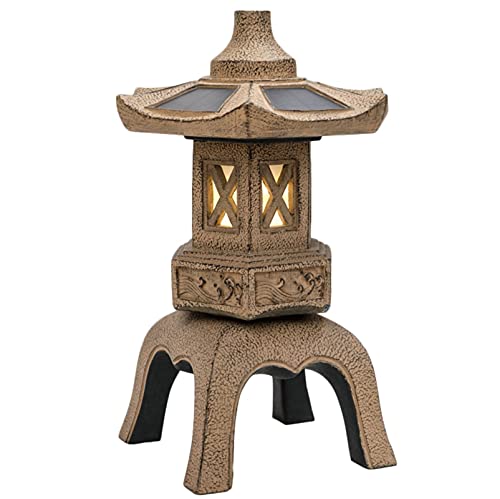 RAN 18.9in Tall Stone Pagoda Outdoor Statue, Waterproof Zen Japanese Lantern Garden Sculpture Solar Powered LED Light Outdoor Decor