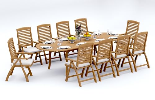 TeakFurnitureOutlet A-Grade Teak 11pc Dining 118" Oval Table Ashely Folding Reclining Arm Chairs Set