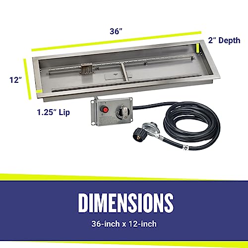 American Fire Products | 36" x 12" Rectangular Drop-in Fire Pit Pan with Electric Ignition System Kit, CSA | Stainless Steel, Use in Outdoor Fire Pit | for Natural Gas or Propane Fires