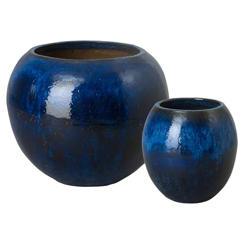 Emissary Home and Garden 28in. L x 23in. H Blue Stoneware Spherical Planters with High-fire Treatment (Set of 2)