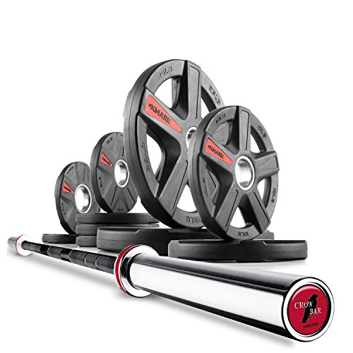 XMark Texas Star Olympic Barbell 95 lb Set Weight Plates with The Crowbar 7' Olympic Bar 15) BAR and 95 lb Set