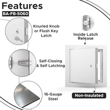 Best 12” x 12” Un-Insulated Fire Rated Metal Access Panel with 1” Flange, 16 Gauge Steel Access Door with Reinforced Edges & Hidden Hinge, Self-Closing/Latching, Inside Latch Release, BA-FB-5060