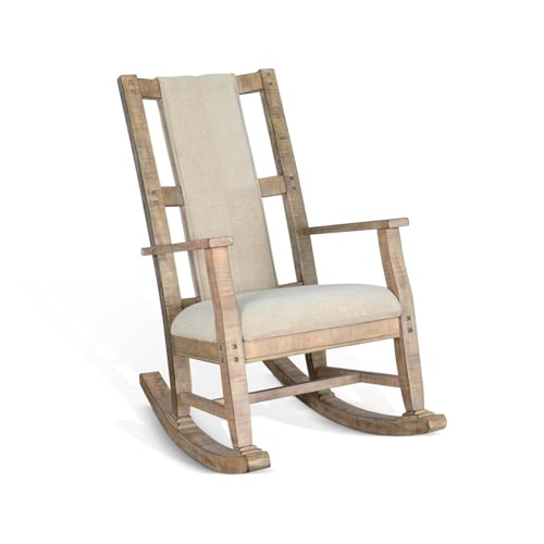 Pemberly Row Mahogany Rocking Chair with Cushioned Seat and Back, Studded Accents, Smooth Rocking Motion, Beige