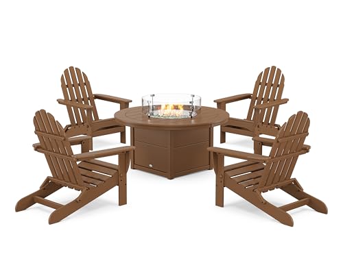 Polywood® Classic Folding Adirondack 6-Piece Conversation Set with Fire Pit Table (Teak)