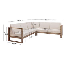 Linon Silas Natural Eucalyptus Outdoor Three Piece Sectional Sofa with Removable Weather Resistant Beige Cushions