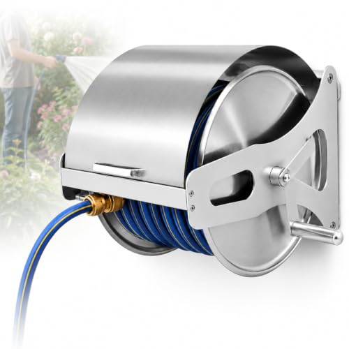 AMQYDT Garden Hose Reel Kit, Stainless Steel Metal Heavy Duty Hose Reel with 15-40m Hose Options, Wall/Floor Mount, 360° Swivel Guide and Three Spray Gun Choices Multi-Functional Spray Gun. 20m