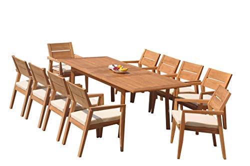 11 PC A Grade Outdoor Patio Teak Dining Furniture Set - 94" Double Extension Rectangle Table & 10 Cellore Stacking Arm Chairs