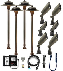 LawnShine Premium Brass Landscape Lighting Kit - 4 Path Lights, 6 Spot Lights with LED Bulbs Bronze