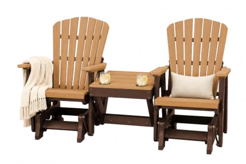 DutchCrafters Slat Fan Back Double Poly Adirondack Glider Outdoor Patio Chairs with Center Table (Tudor Brown & Cedar)