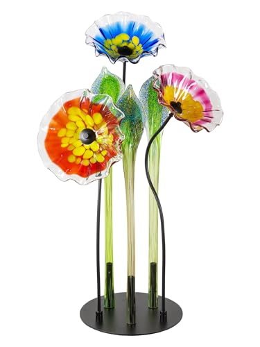 Dale Tiffany AS23093 Fiore Bloom Hand Blown Glass Flower Petal Art Glass Sculpture with Metal Stand for Indoor Garden Patio Decoration, Multi Color, 3-Plate 34.5" Tall