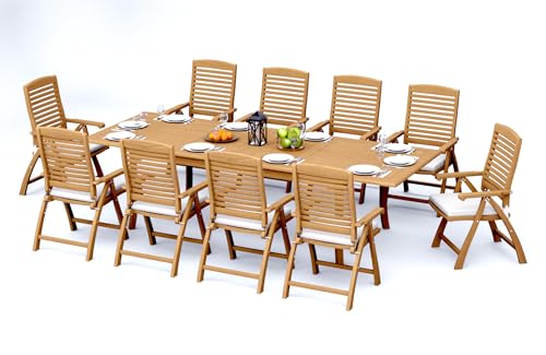 TeakStation 10 Seater Grade-A Teak Wood 11 Pc Dining Set: 118" Double Extension Rectangle Table and 10 Ashely Folding Reclining Arm Chairs #31AS2410