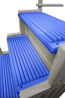 Confer Plastics Step-1X Above Ground Pool Entry System – Dual Handrails, Slip-Resistant Steps, Supports 400 lbs, Easy Installation, Warm Grey with Blue Treads, Made in USA