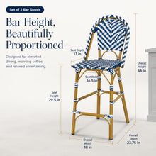 Set of 2 French Bistro Bar Stools, Blue White Hand Woven PE Rattan Counter Height Bar Chairs, Lightweight Aluminum Frame Barstool with Back & Footrest for Patio Kitchen Island Home Bar Indoor Outdoor