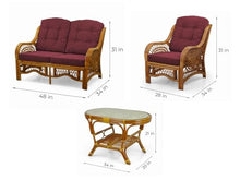 Malibu Lounge Set of 4: 2 Natural Rattan Wicker Chairs, Loveseat with Dark Brown Cushions and Coffee Table w/Glass Handmade, Colonial