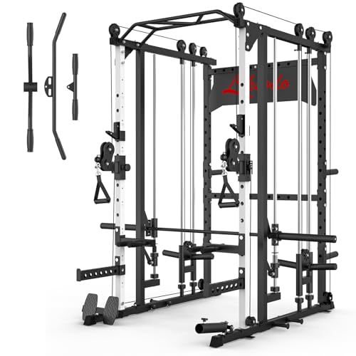 Liksodo Smith Machine 2000LBS Squat Rack with LAT-Pull Down & Cable Crossover White