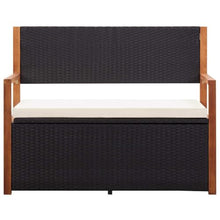Favemtsl 45.3" Outdoor Storage Bench - Poly Rattan Garden Bench with Solid Acacia Wood Armrests, Large Capacity Patio Seat with Removable Cushion for Backyard, Porch and Indoor Use, Black