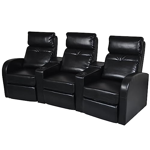 Fisinber 3-Seater Recliner Sofa, Manual Adjusting Reclining Couch with Integrated Cup Holder, Black Faux Leather Home Theater Seating for Living Room Lounging