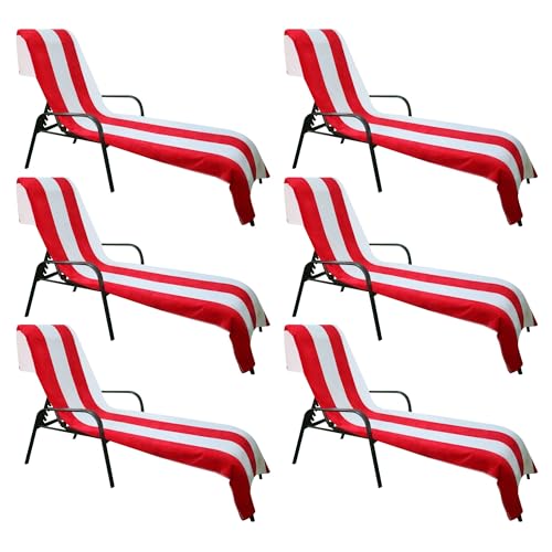 Superior Cabana Cotton Lounge Chair Cover, Outdoor Towel/Chaise Furniture Covers, Terry Cloth, Beach, Spa, Swim Accessories, Pool Chair Cover, Soft, Quick Drying, 32" x 102", Set of 6, Red