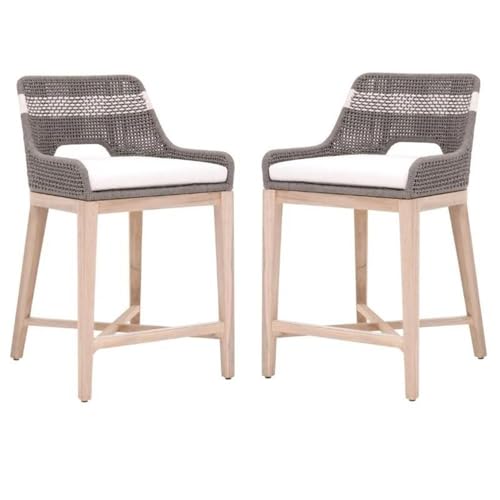 Home Square 2 Piece Outdoor Counter Stool Set in Dove Rope and Gray Teak