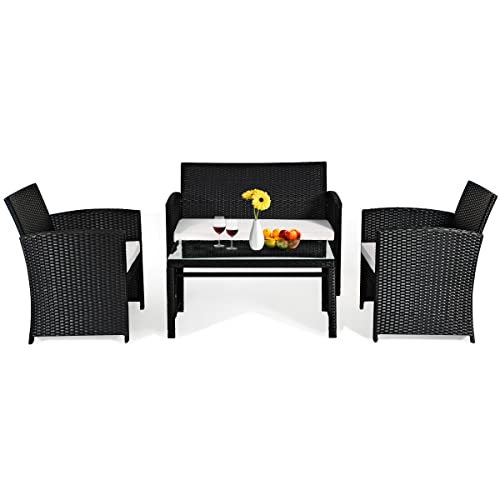 DUYHBAWRS 4PCS Patio Rattan Furniture Conversation Set Cushioned Sofa Table Garden Single Sofa
