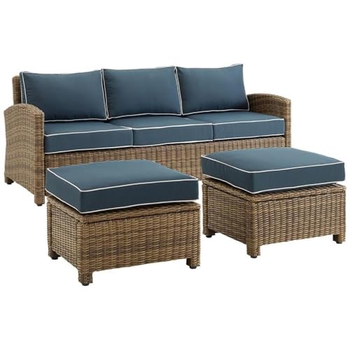 Afuera Living 3-Piece Wicker/Rattan Outdoor Sofa Set, Navy and Weathered Brown Finish, All-Weather Handwoven Resin Wicker, Steel Frame, Moisture-Proof Cushions, Machine Washable Covers, Patio