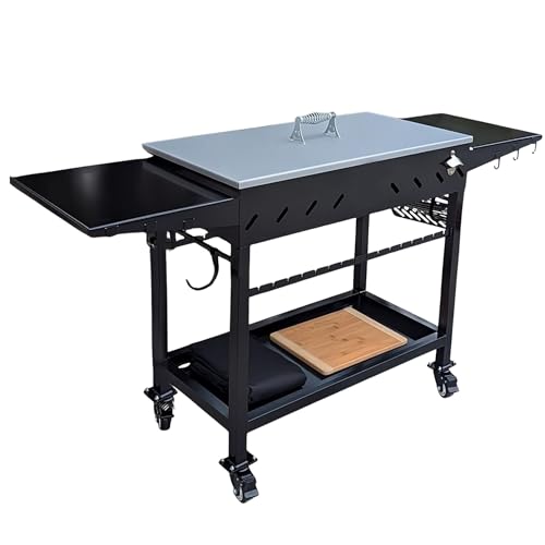 Alpine Cuisine Heavy-Duty Iron Charcoal BBQ Grill with Wheels, Side Shelves, Cast Iron Grates, Bottle Opener, and Lid